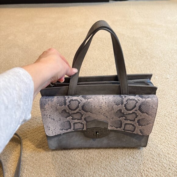 Vittoria Napoli Satchel Bag Purse Grey Nubuck Leather Python Snake Embossed Flap - Picture 3 of 15